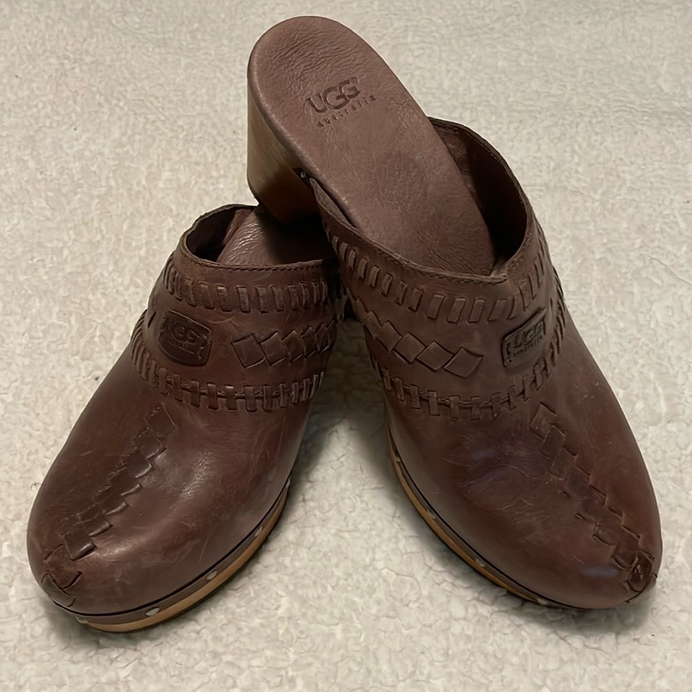UGG Brown Leather Woven Clog Mules with Block Heel